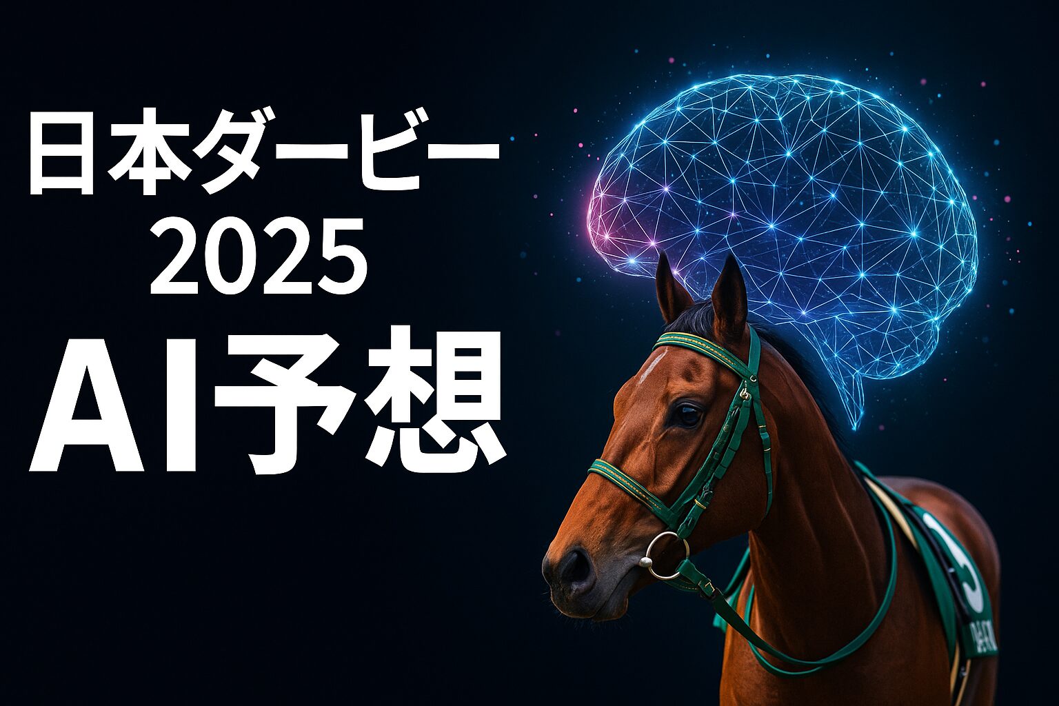 日本ダービー2025のAI予想を象徴する競走馬とデジタル脳のグラフィック画像