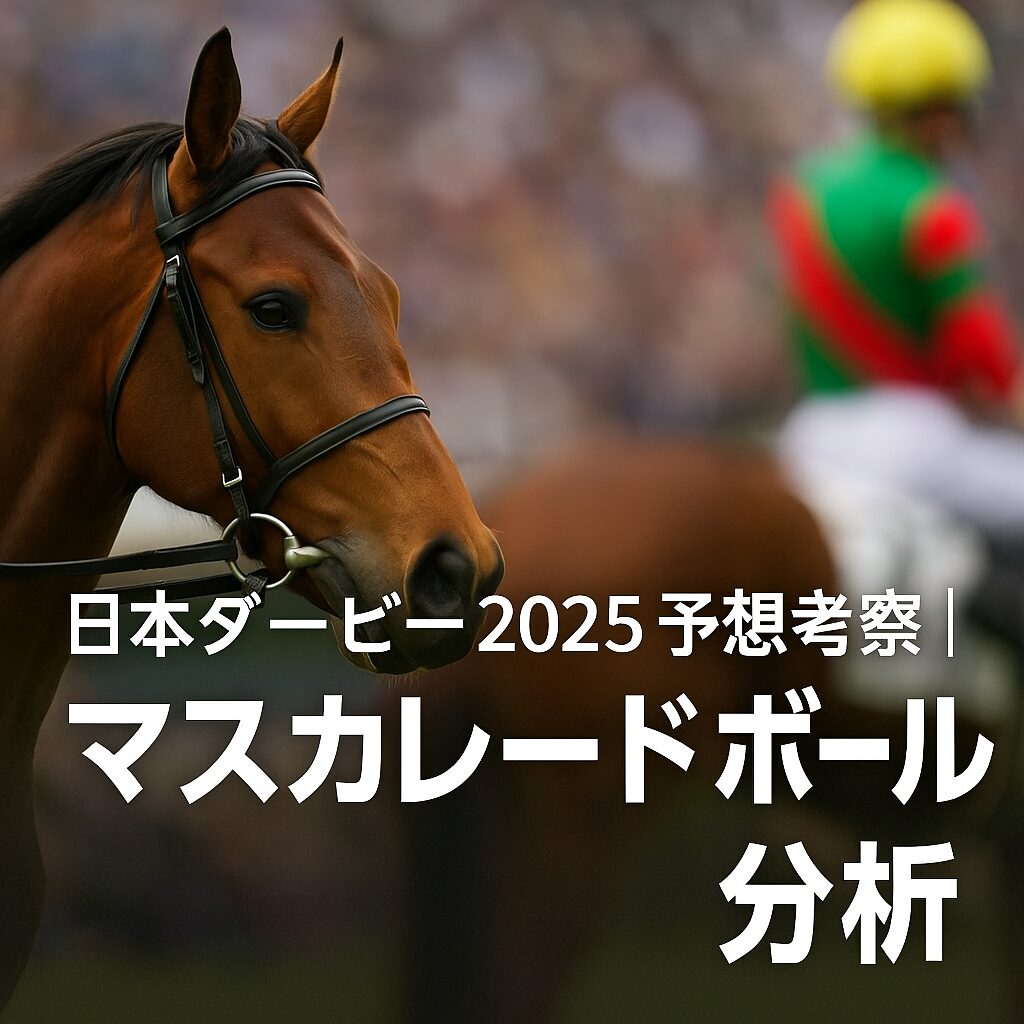 マスカレードボール（日本ダービー2025）を特集したレース展望用サムネイル。背景には競馬場で待機する馬と騎手