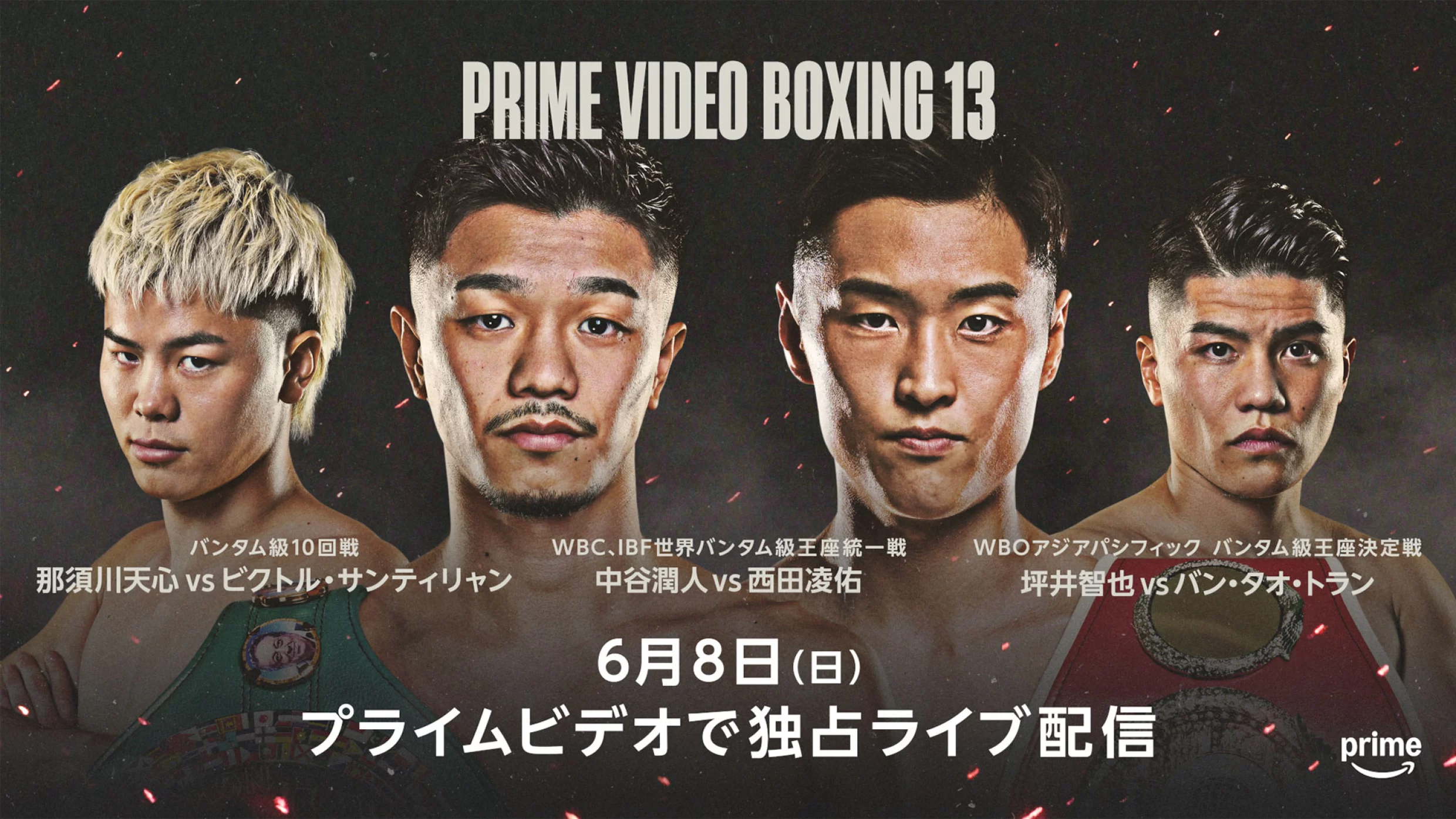 中谷潤人vs西田凌佑のWBC・IBF世界バンタム級王座統一戦を告知する『Prime Video Boxing 13』の試合日程・放送情報の告知画像