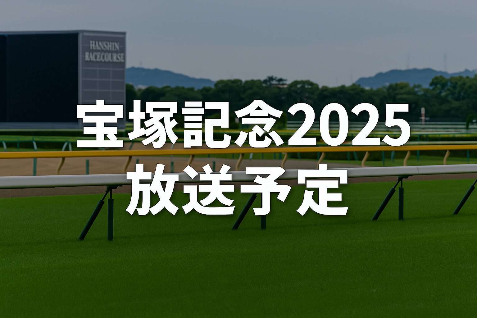 宝塚記念2025の放送予定を伝える阪神競馬場背景のサムネイル画像
