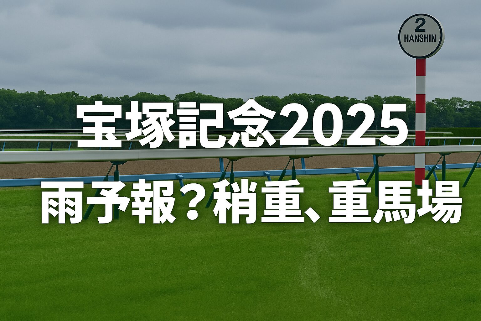 宝塚記念2025の雨予報と重馬場傾向を伝える阪神競馬場背景のサムネイル画像