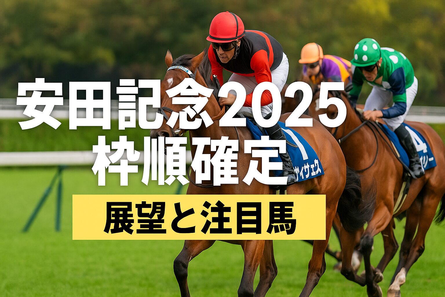 安田記念2025の枠順確定を伝える競馬イメージ画像。レース中の競走馬と騎手が写る。